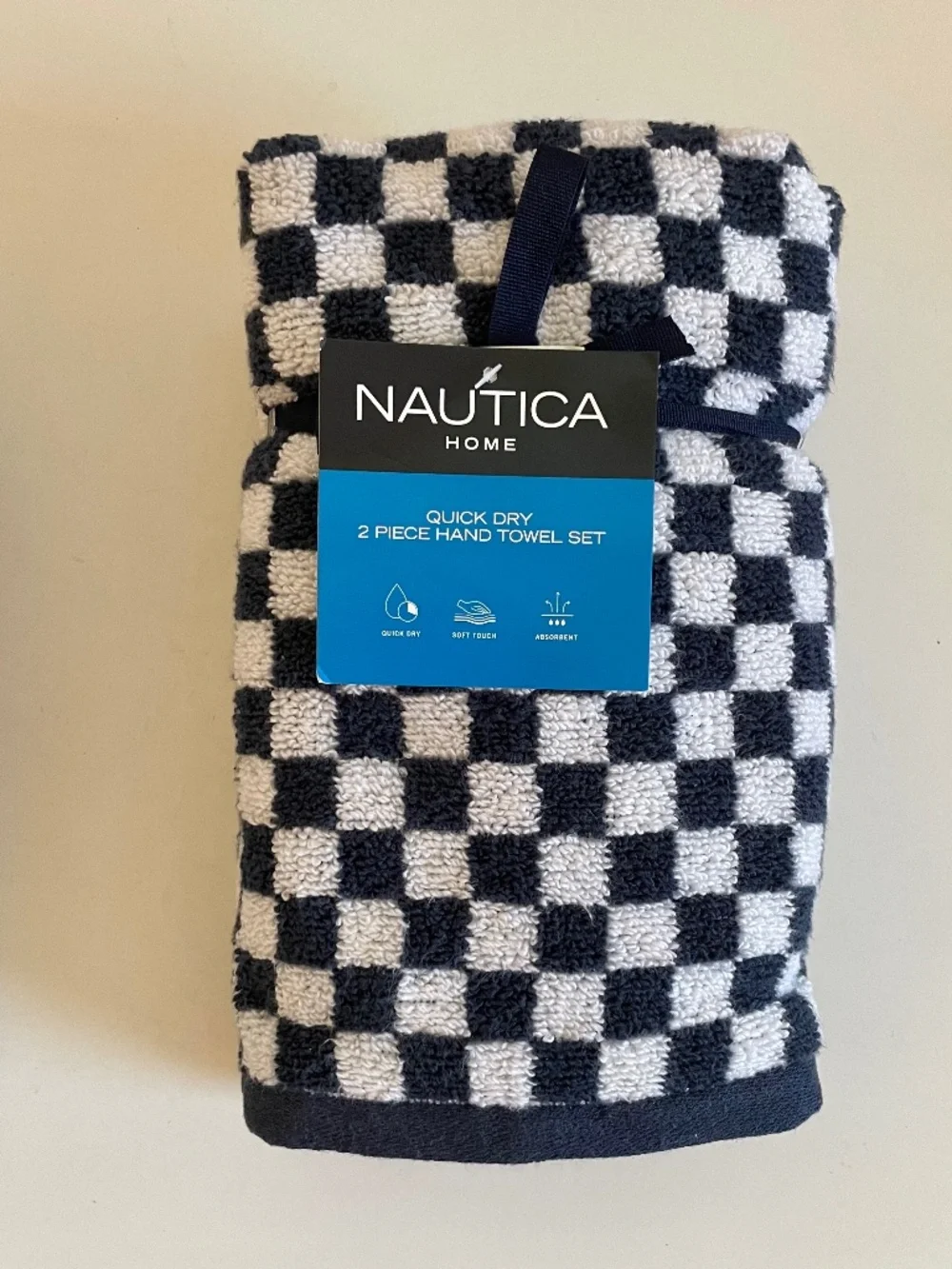 Set 2 Nautica Navy Blue + White Check 16” x 28” Hand Towels Brand New NWT!